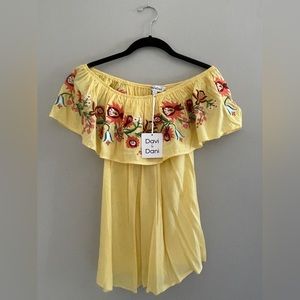 yellow embroidered flowy off shoulder top